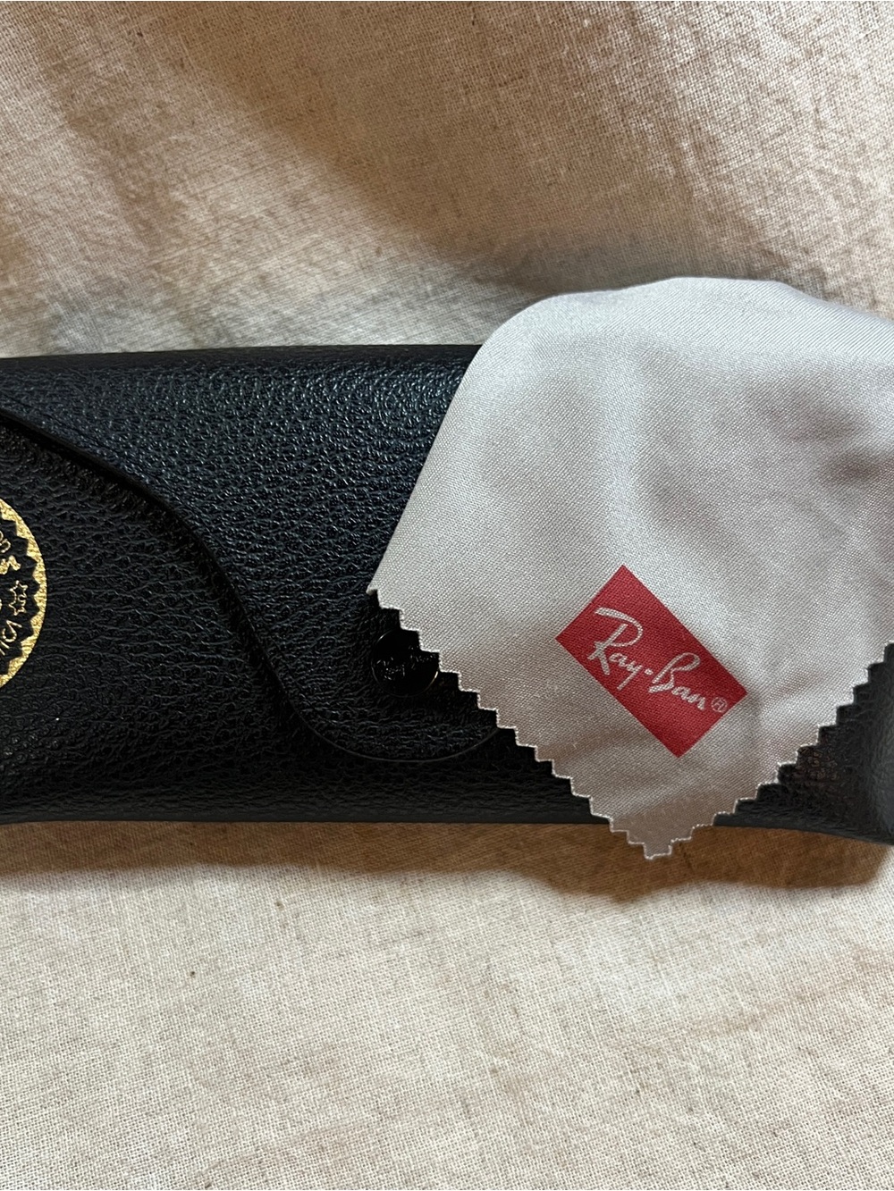 Ray-Ban Black Leather Sunglass Case with White Cleaning Cloth and Red Logo